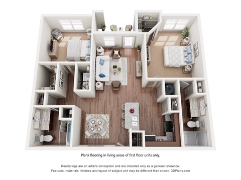 A 3D floor plan of a two-bedroom apartment with a kitchen, living room, and bathroom in Destin FL